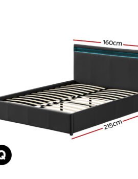 Artiss Bed Frame Queen Size LED Gas Lift Black COLE