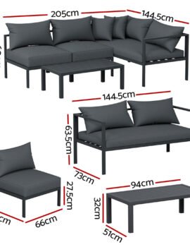 Gardeon 4 Seater Outdoor Sofa Set Aluminium Patio Furniture Setting 4PC Charcoal