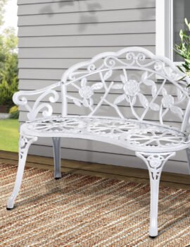 Gardeon Outdoor Garden Bench Seat 100cm Cast Aluminium Outdoor Patio Chair Vintage – White