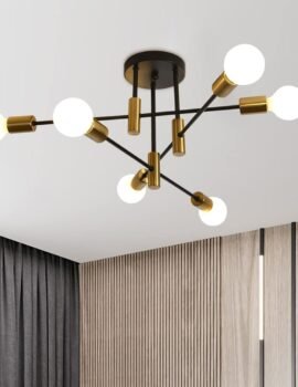 Mid Century Chandelier Modern, 6-Light , Black & Gold