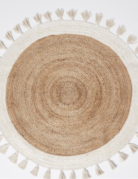 Bohemian Cream & Natural Braided Jute Cotton Round Rug with Tassel 120 x 120 cm