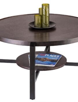 Black Round Coffee Table with Storage Shelf in Copper Finish Top