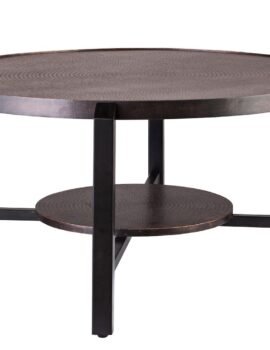 Black Round Coffee Table with Storage Shelf in Copper Finish Top