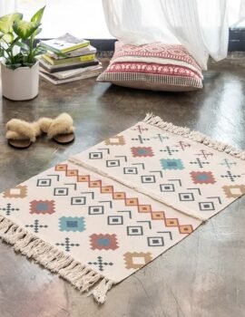 Handwoven Cotton Tassel Floor Rug for Bedroom or Living Room|Soft, Modern Geometric Design,60x90cm